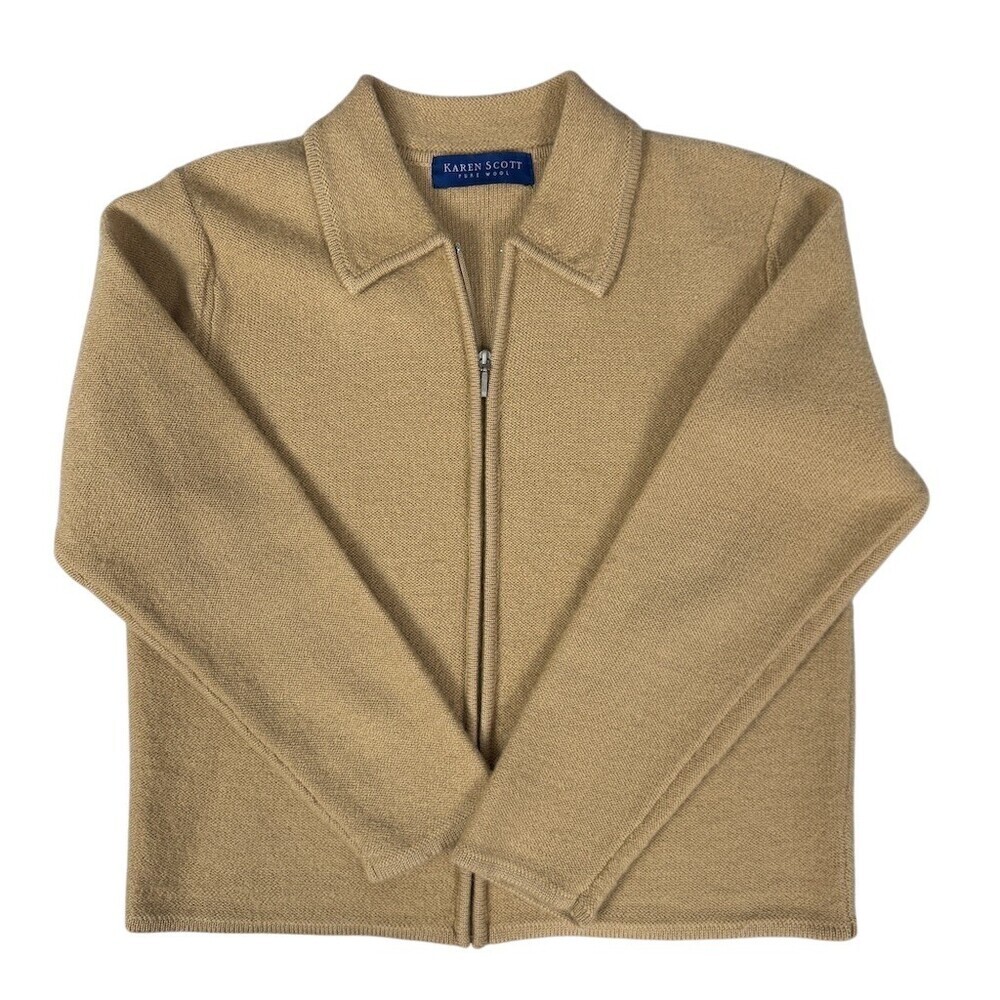 Karen Scott Wool Sweater Jacket Cardigan Womens Size M Tan Zip Front Collared